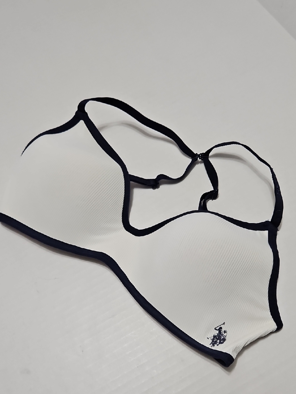 U.S. Polo Assn. White Ribbed Padded Bra with Navy Blue Trim Size 34B